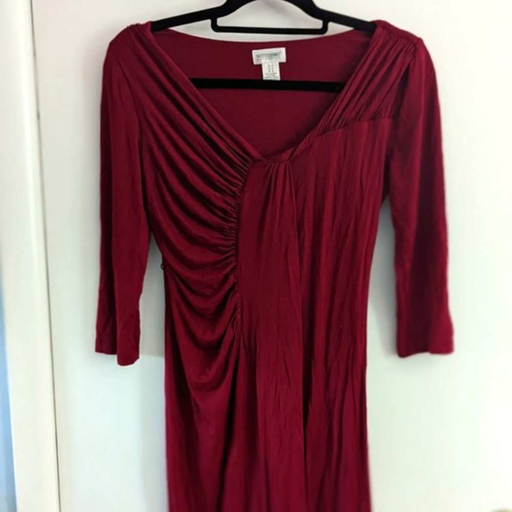 EUC Motherhood Maternity asymmetrical dark red dress ruched right side waist.